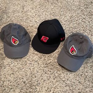 Set of 3 Catholic University hats, one fitted Under Armour never worn; 2 adjust.